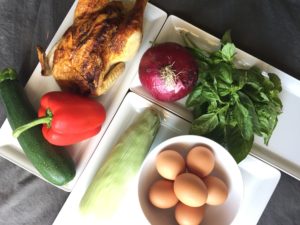 chicken, bell pepper, zucchini, red onion, fresh basil, eggs, summer corn
